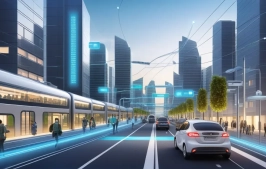 Editorial illustration of a connected smart city with sensor networks, transit systems, and AI control layers.
