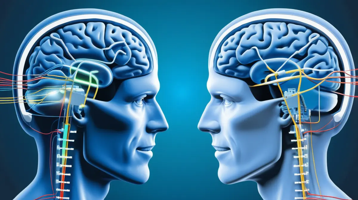 Illustration of neural signals being decoded into words and simple commands on a clinical interface.