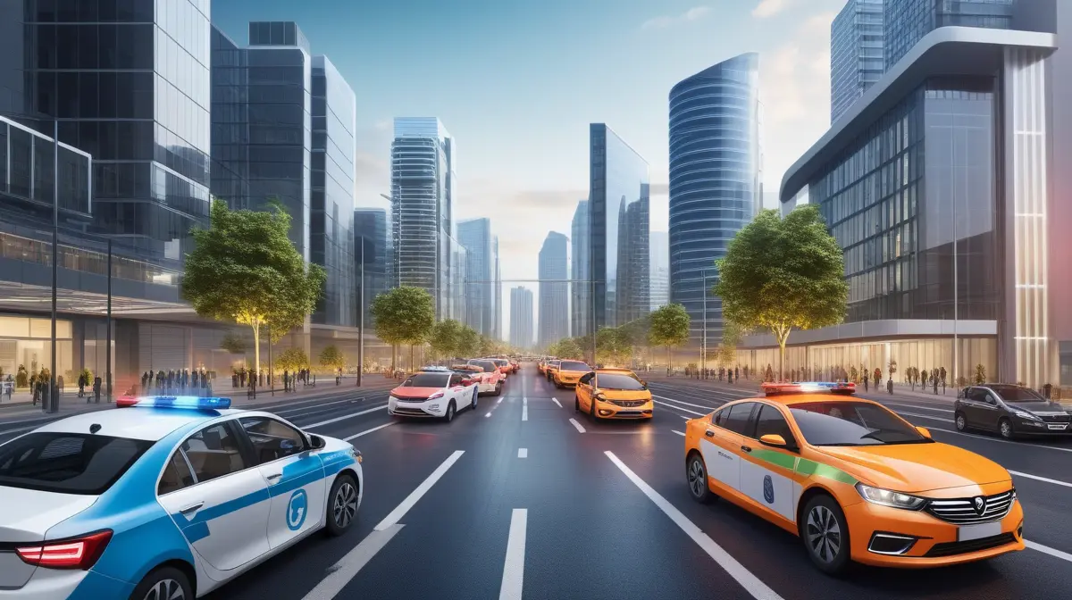 Illustration of an urban digital twin dashboard coordinating traffic, energy, and emergency services.