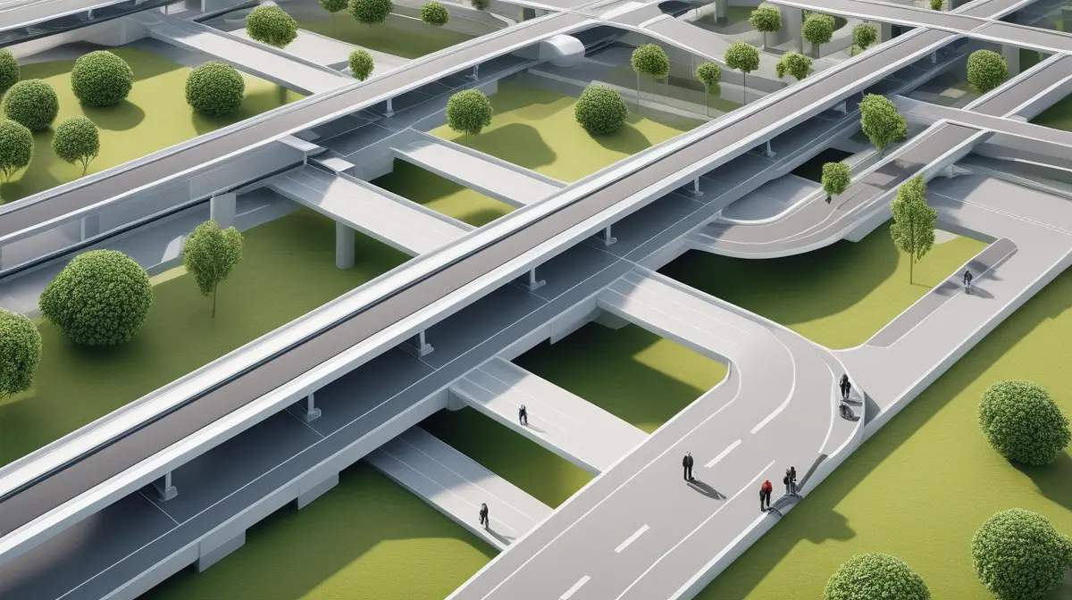 Illustration of a non-human architectural structure with organic load paths and human scale figures.