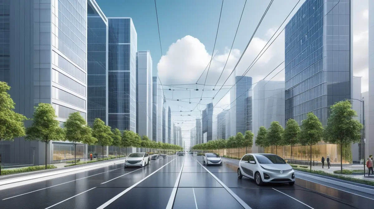 Illustration of autonomous architecture adapting to weather, grid demand, and public space conditions.