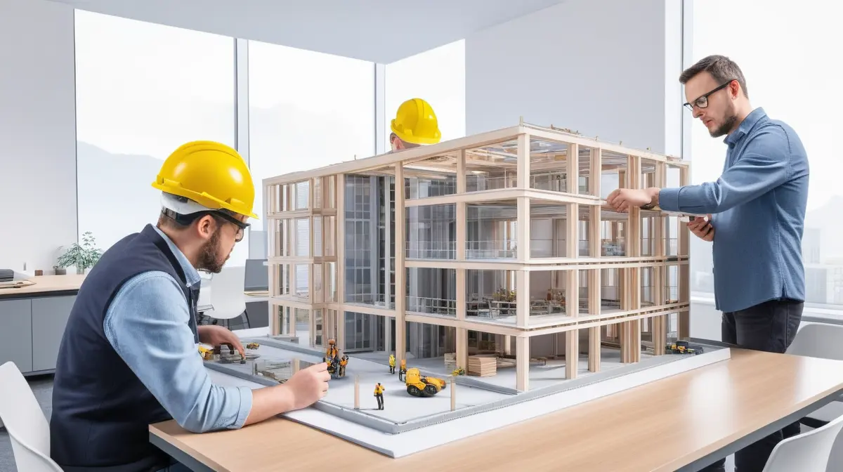 Illustration of architects reviewing AI-generated building models with safety and explainability checks.