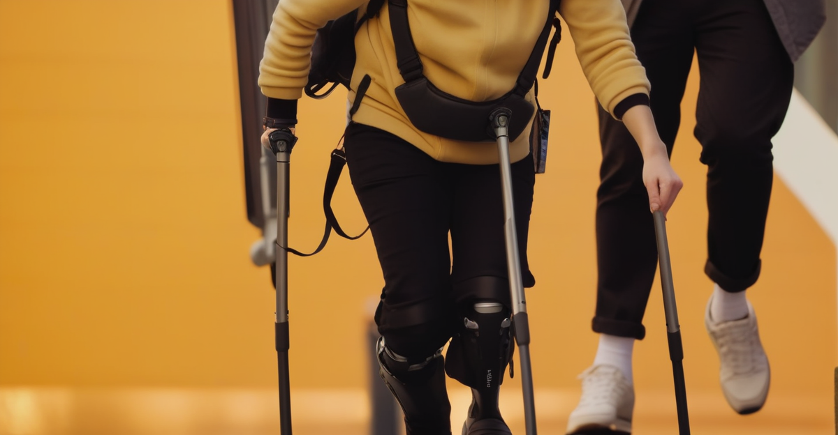 A person walking outdoors while wearing a consumer powered exoskeleton over regular clothes