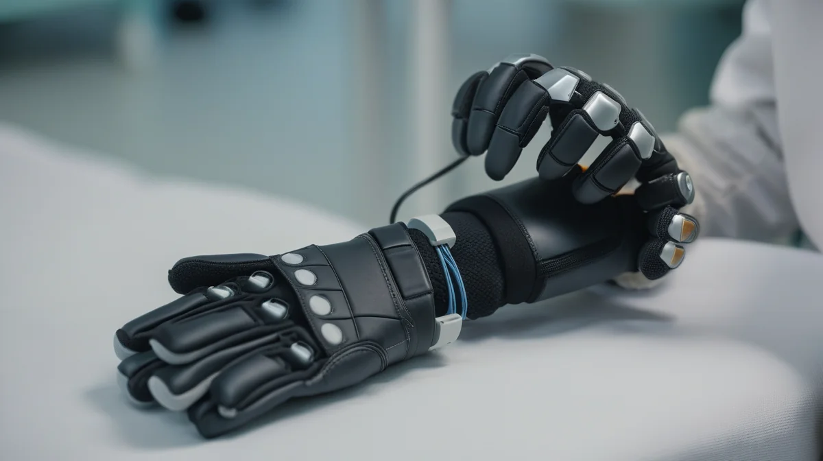 A patient using a soft robotic glove during brain implant rehabilitation
