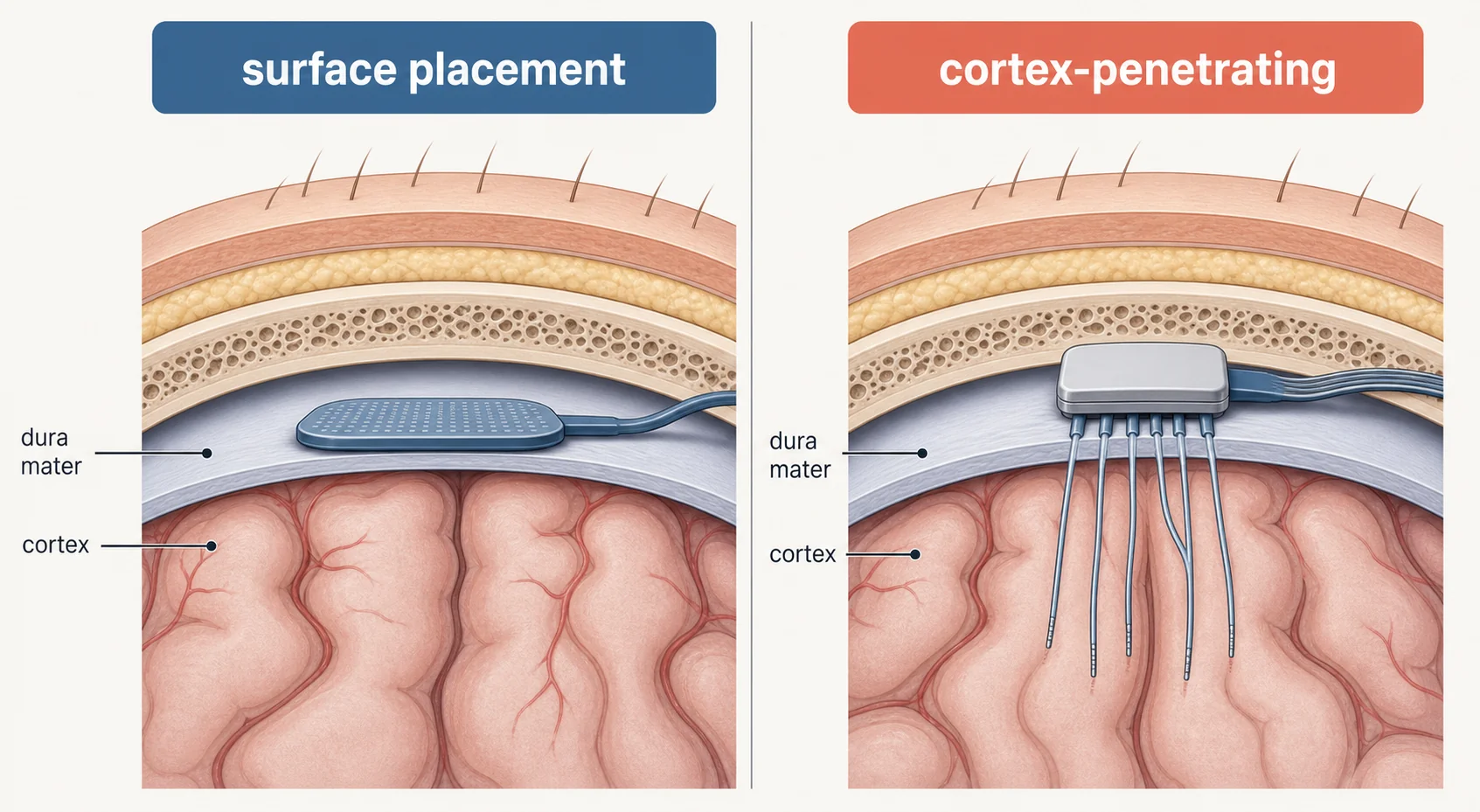 Diagram comparing NEO's surface brain implant with Neuralink's cortex-penetrating threads