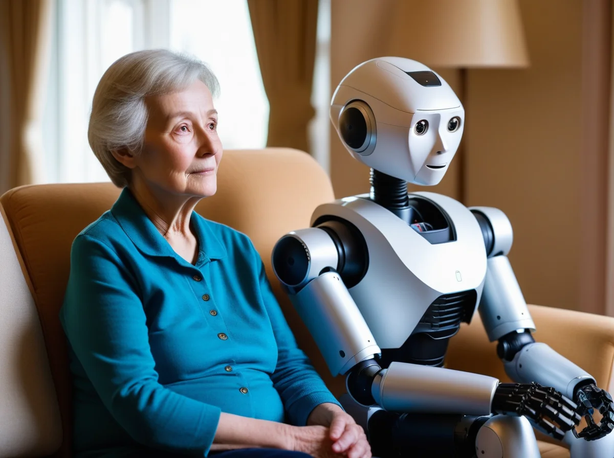 A humanoid companion robot sitting beside an elderly woman in a living room