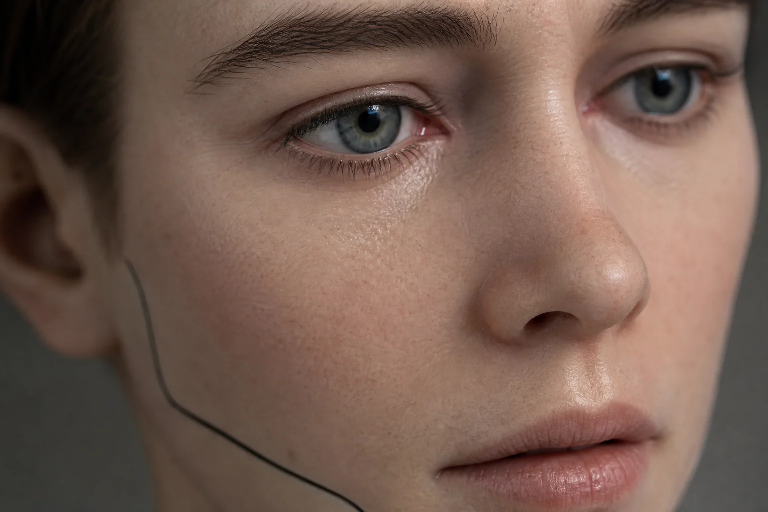 Close-up of a hyper-realistic humanoid robot face showing lifelike skin and a faint machine seam