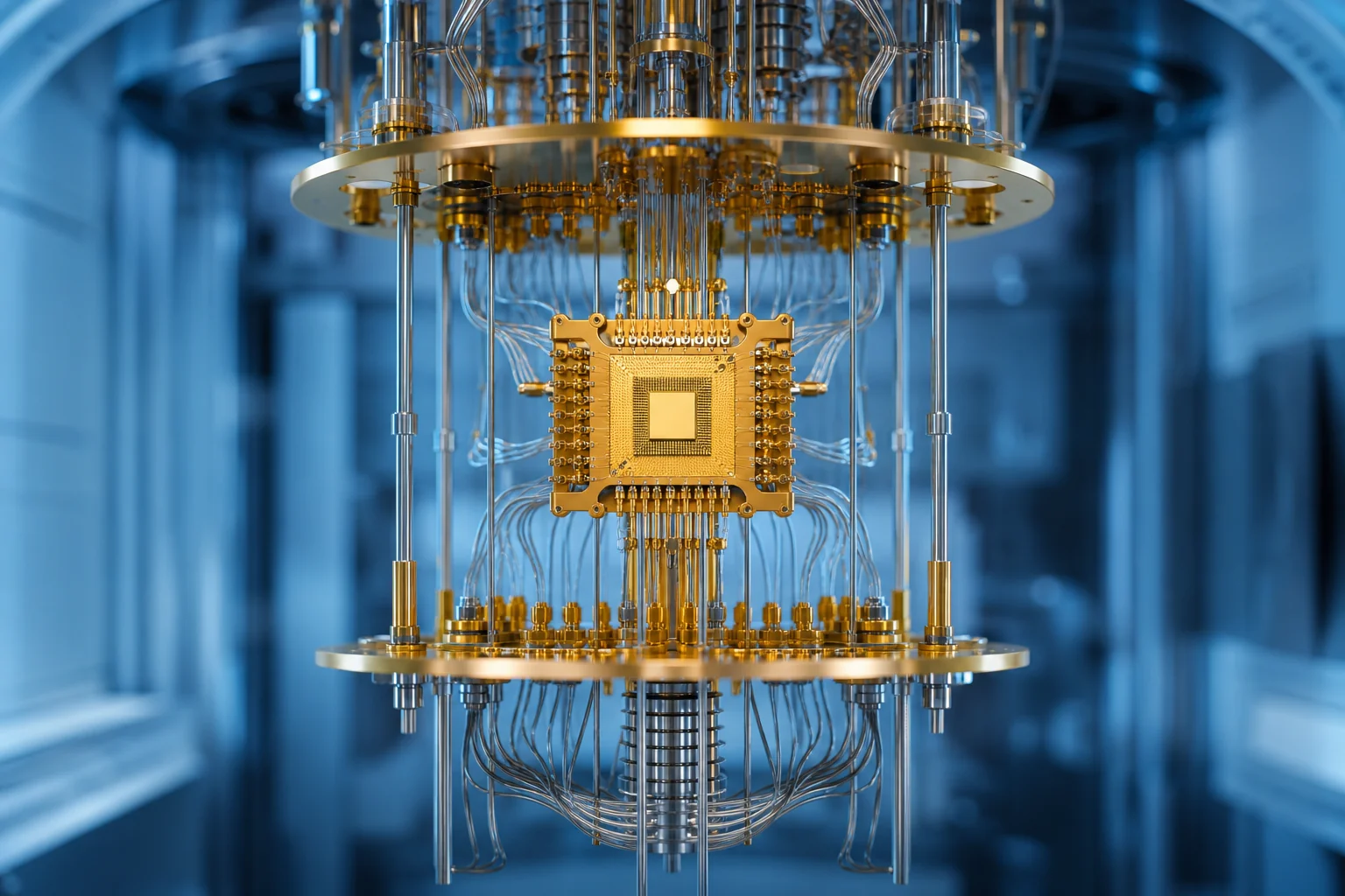 Close-up of a superconducting quantum computing chip like Google's Willow