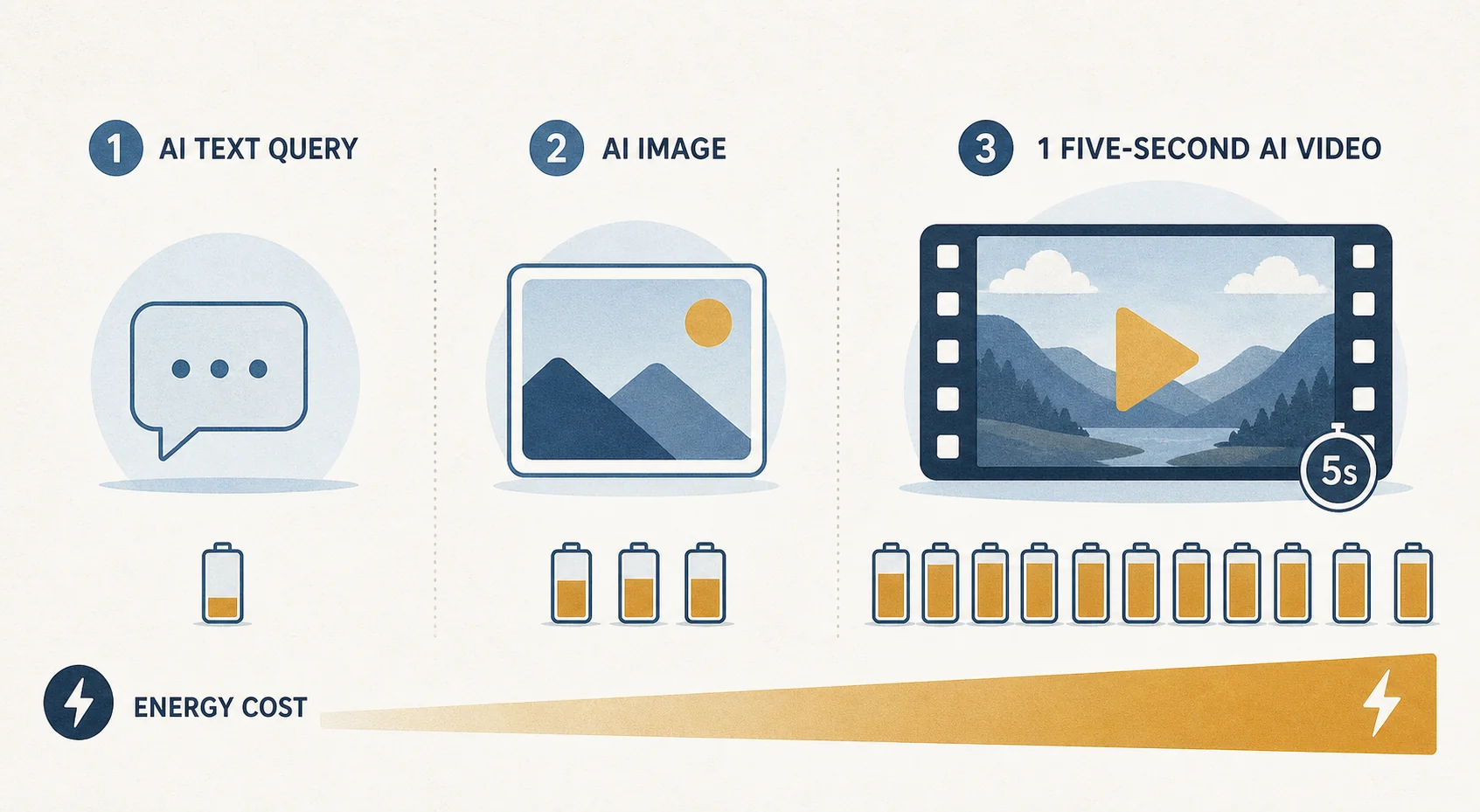 Diagram comparing the electricity used by an AI text query, an AI image, and an AI video