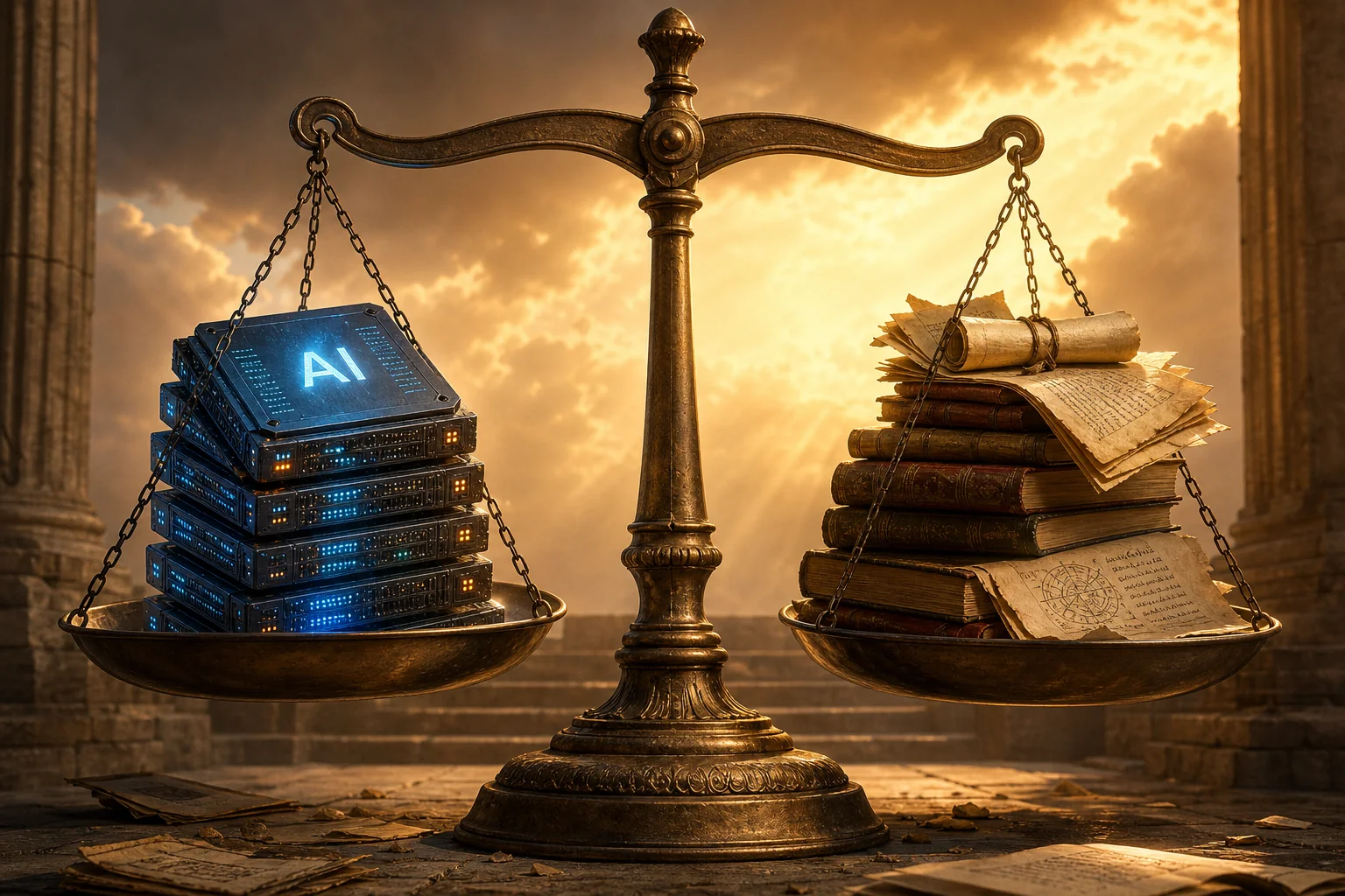 A scale weighing AI systems against the creative work used to train them in copyright fair use disputes