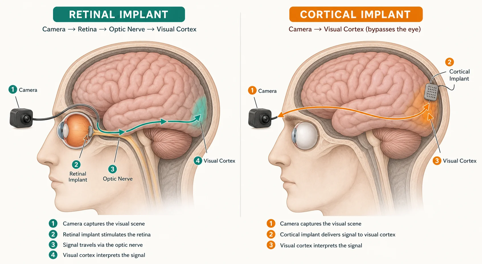 Diagram comparing a cortical visual prosthesis like Blindsight to a retinal implant