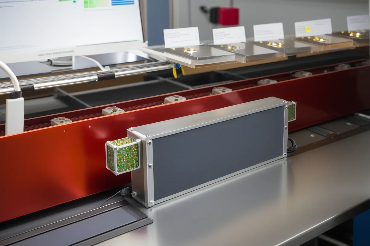 Rare-earth-free permanent magnet prototype next to an AI materials screening interface