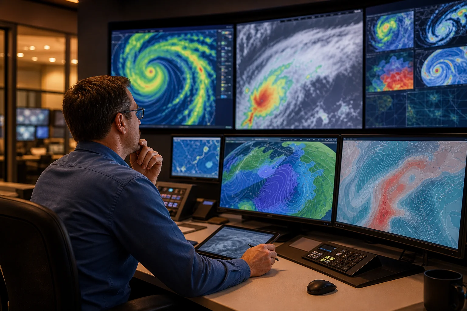 A meteorologist reviewing AI weather forecast guidance as a warning authority