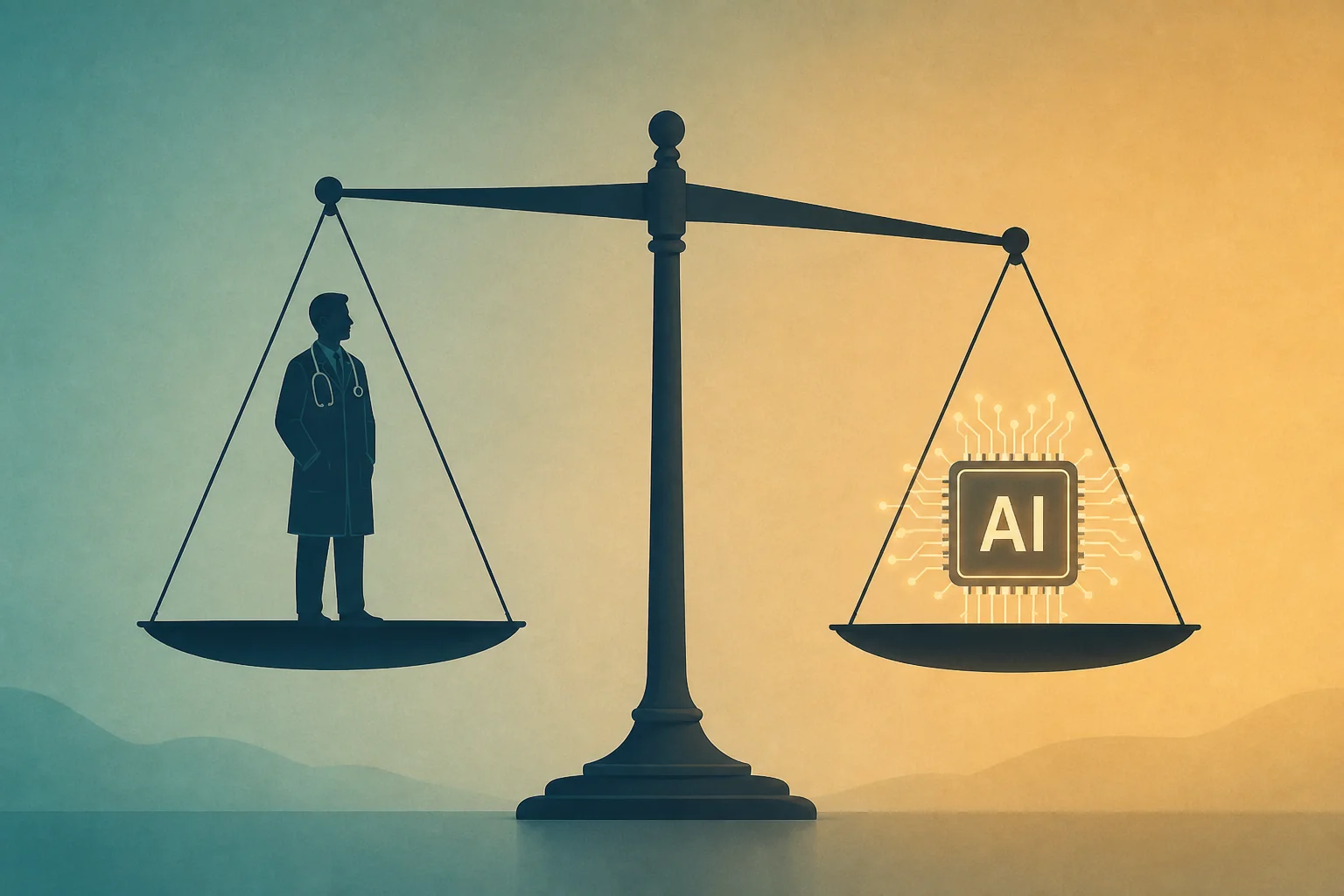 A balance scale weighing patient trust in a human doctor against an AI diagnosis