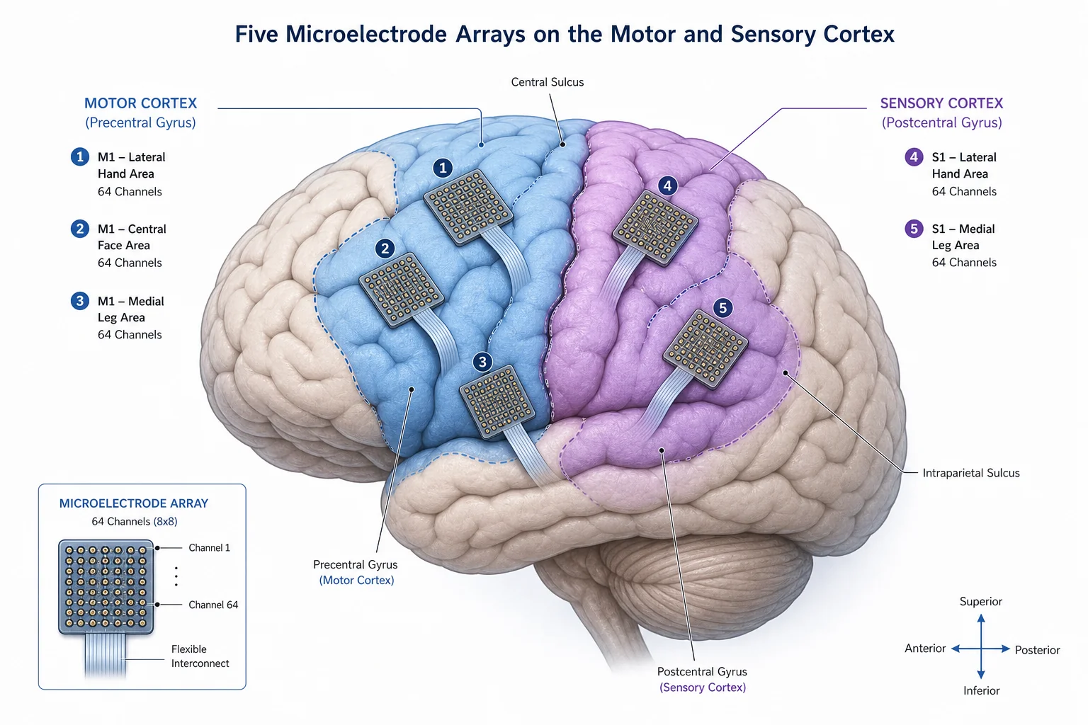 Five microchips with 224 electrodes across the motor and sensory cortex in the double neural bypass surgery