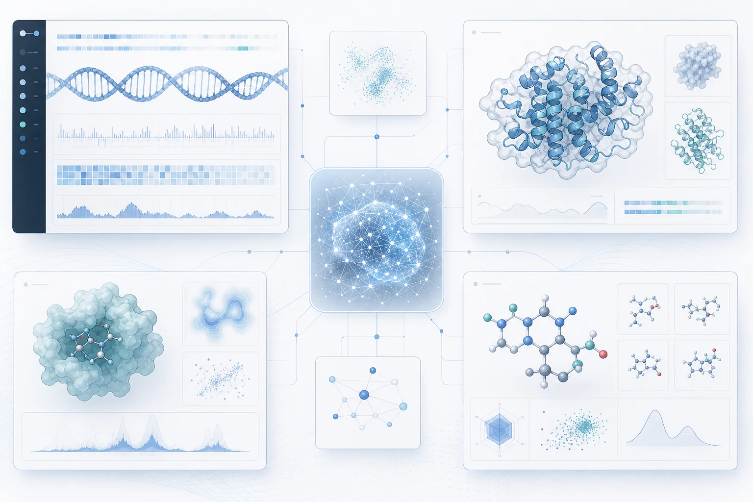 Diagram of Claude Science AI research workbench connecting genomics, proteins, and molecule design