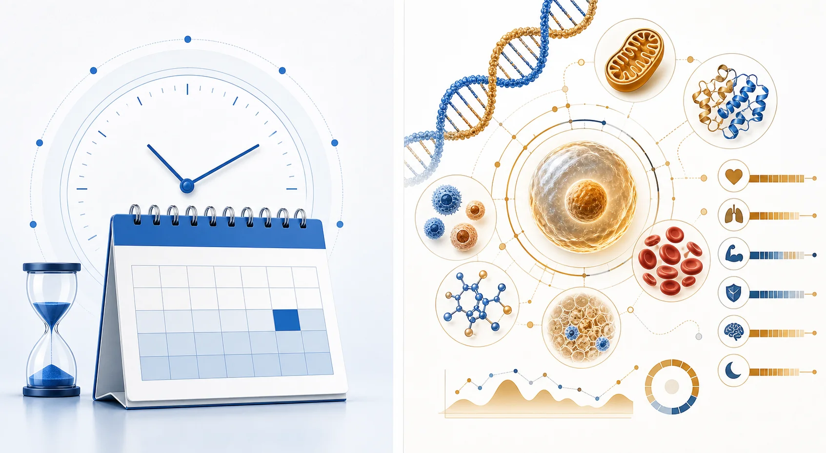 Diagram comparing biological age vs chronological age measured by epigenetic clocks