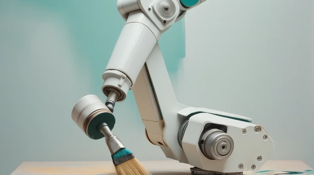 Industrial robot arm painting on a canvas with a brush during a public demo