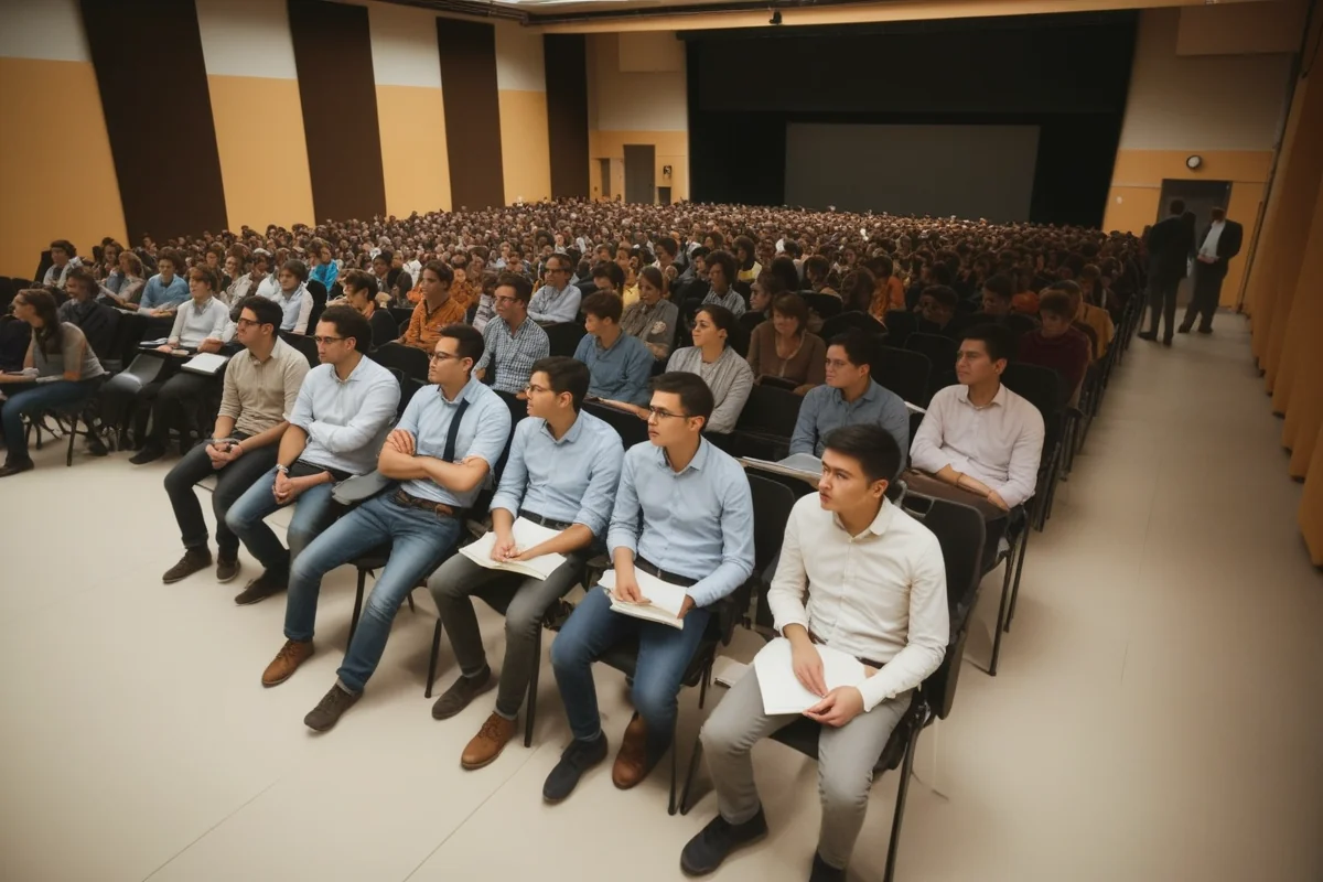 Packed lecture hall audience watching a talk on AI and mathematics