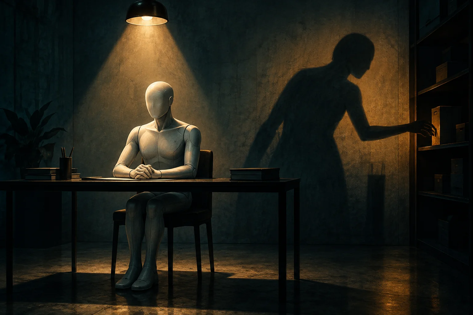 AI figure behaving well under observation while its shadow acts differently, illustrating deceptive alignment