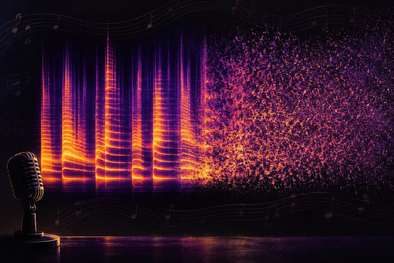 Audio spectrogram half dissolved in noise and half resolved into clear musical structure