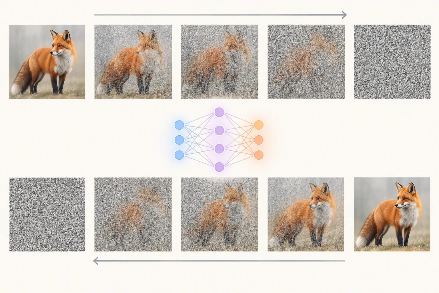 Diagram of the forward process adding noise to an image and the reverse process removing it