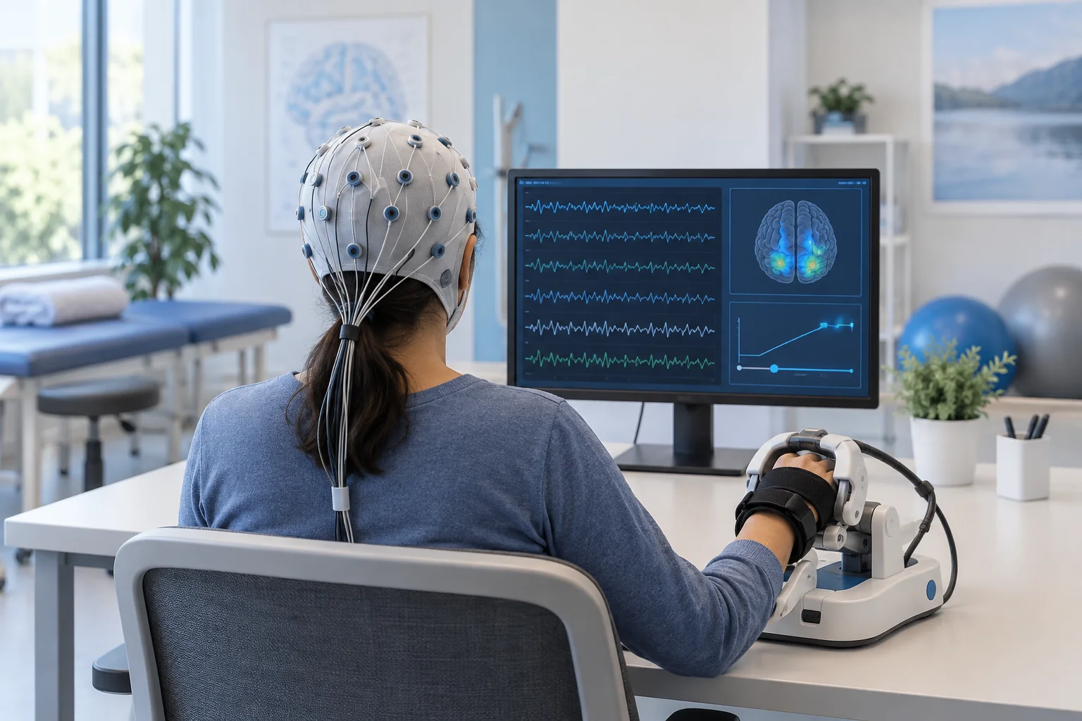 Closed-loop brain-computer interface used in stroke rehabilitation with an EEG cap and hand device