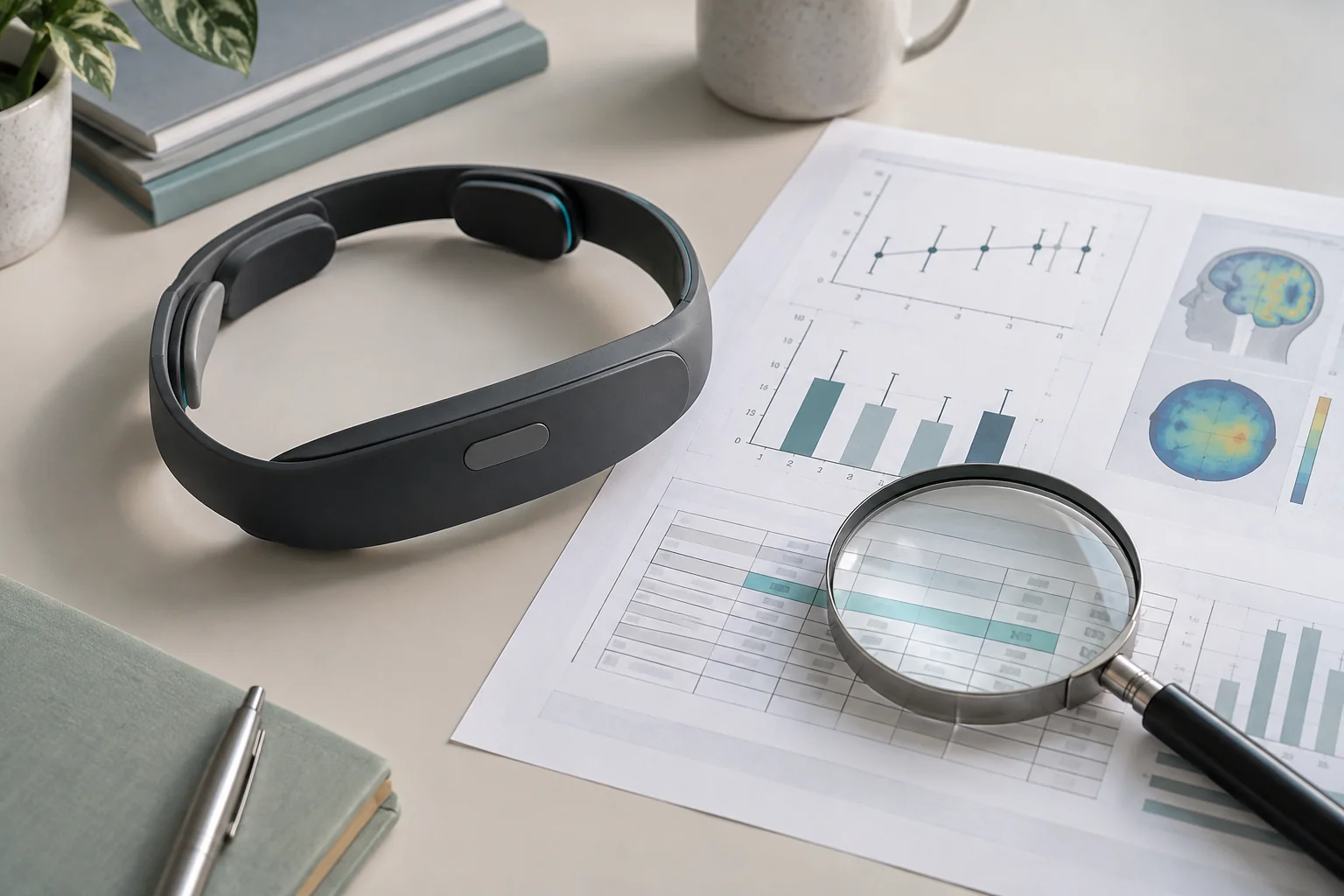 Consumer brain-stimulation headband beside research charts, contrasting neuroplasticity marketing with evidence