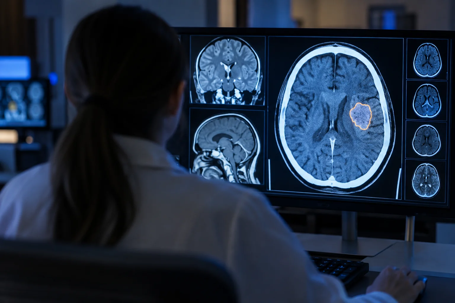 Clinician reviewing an AI-flagged CT scan in a dim radiology reading room