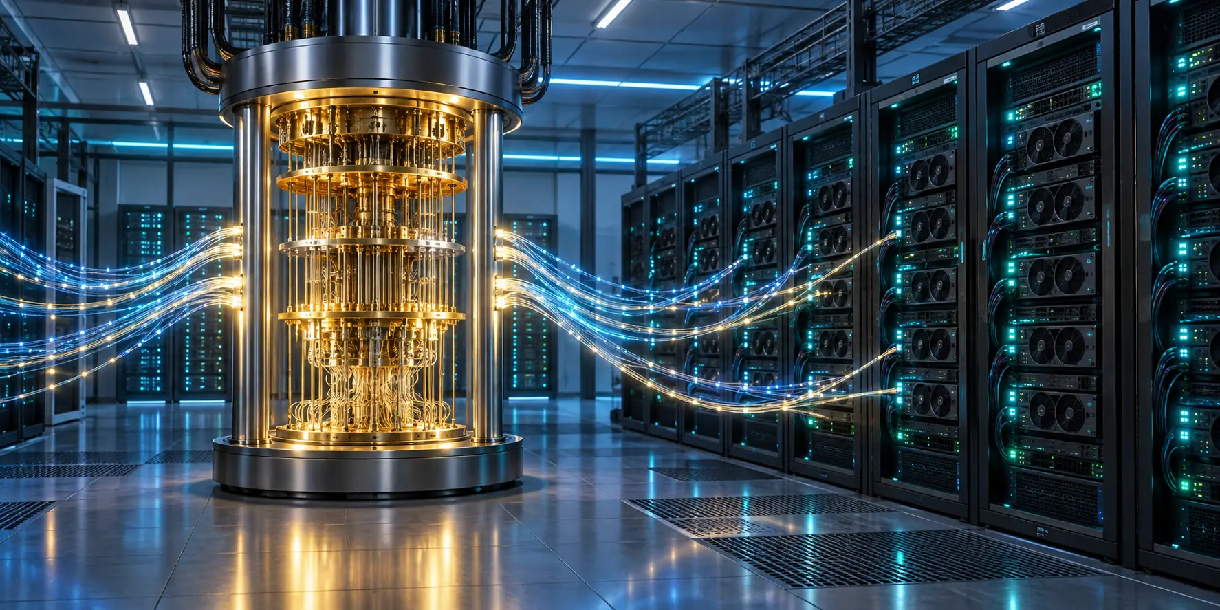 Hybrid quantum-classical system linking a quantum processor to a row of GPU servers